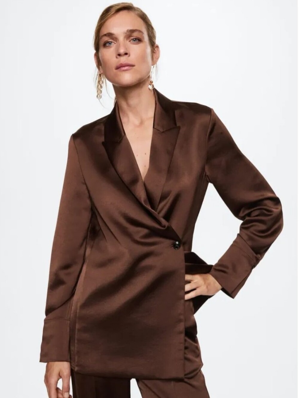 Mango Satin Brown Double-Breasted Blazer